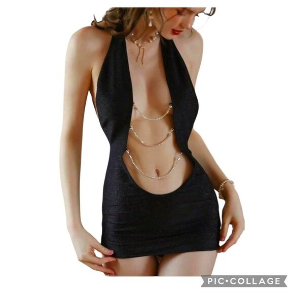 Black Sexy Club Halter Dress Deep Plunge Neck 8 10 - Picture 1 of 11